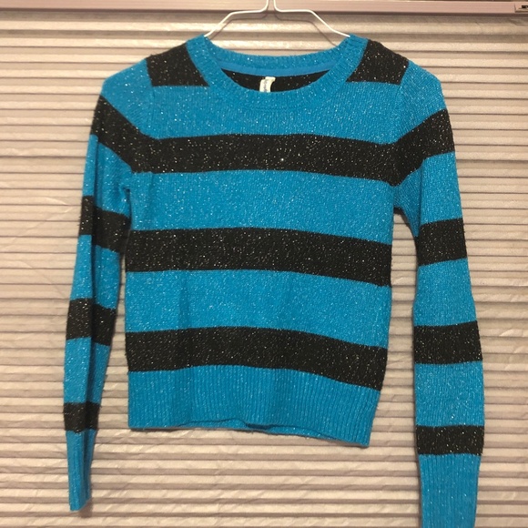Cool Aeropostale Blue black Stripe Sparkle knit Sweater Long sleeves shimmer top - Picture 10 of 13